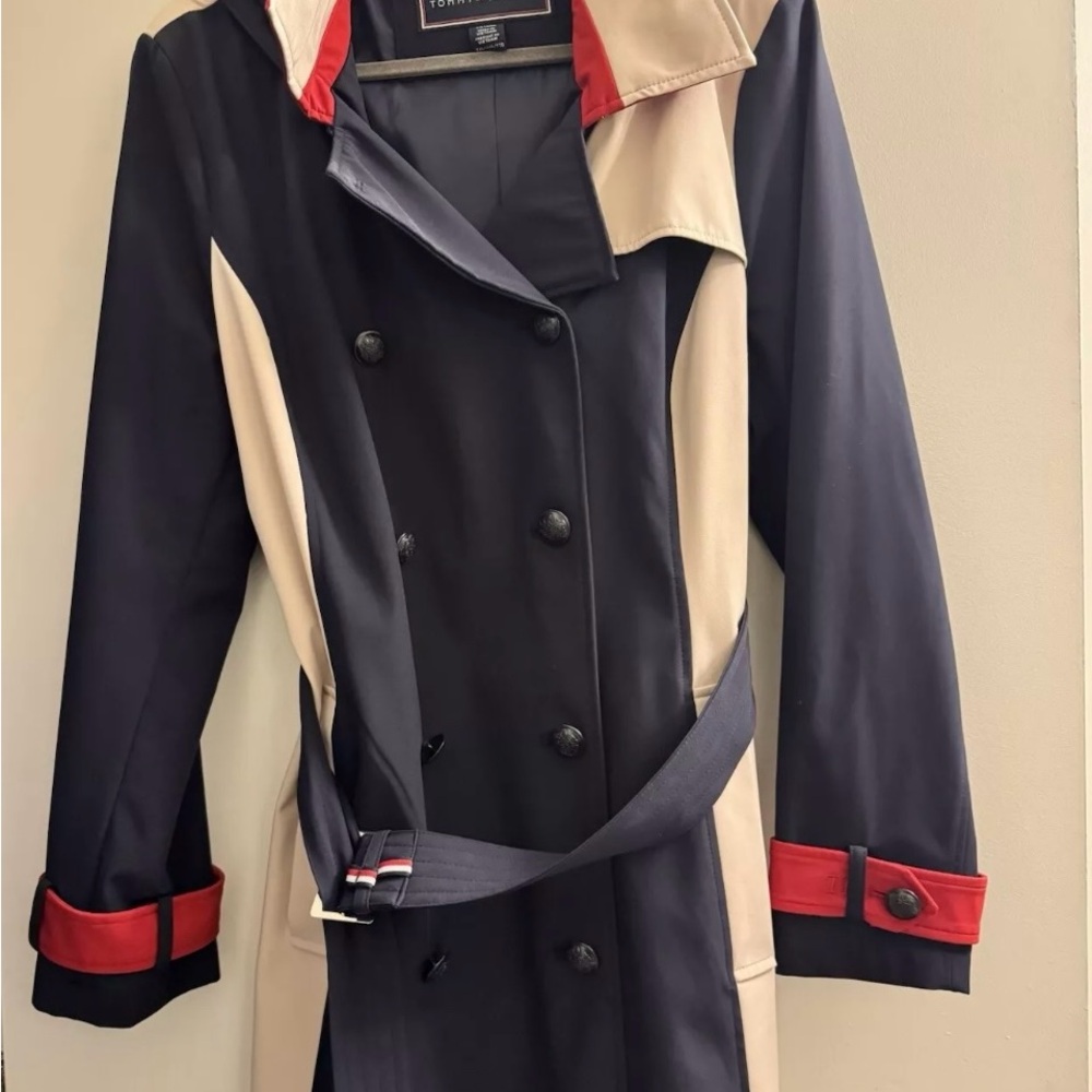 Stylish Tommy Hilfiger Blue, Beige and Red Women's Tri-Color Trench Coat